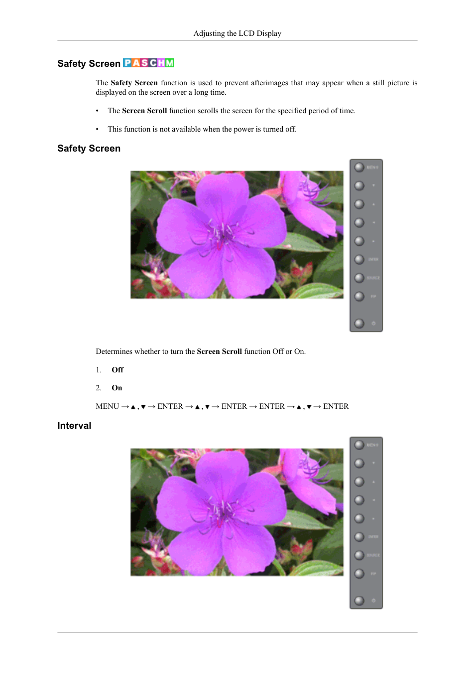 Safety screen, Interval | Samsung 400UXN User Manual | Page 87 / 127