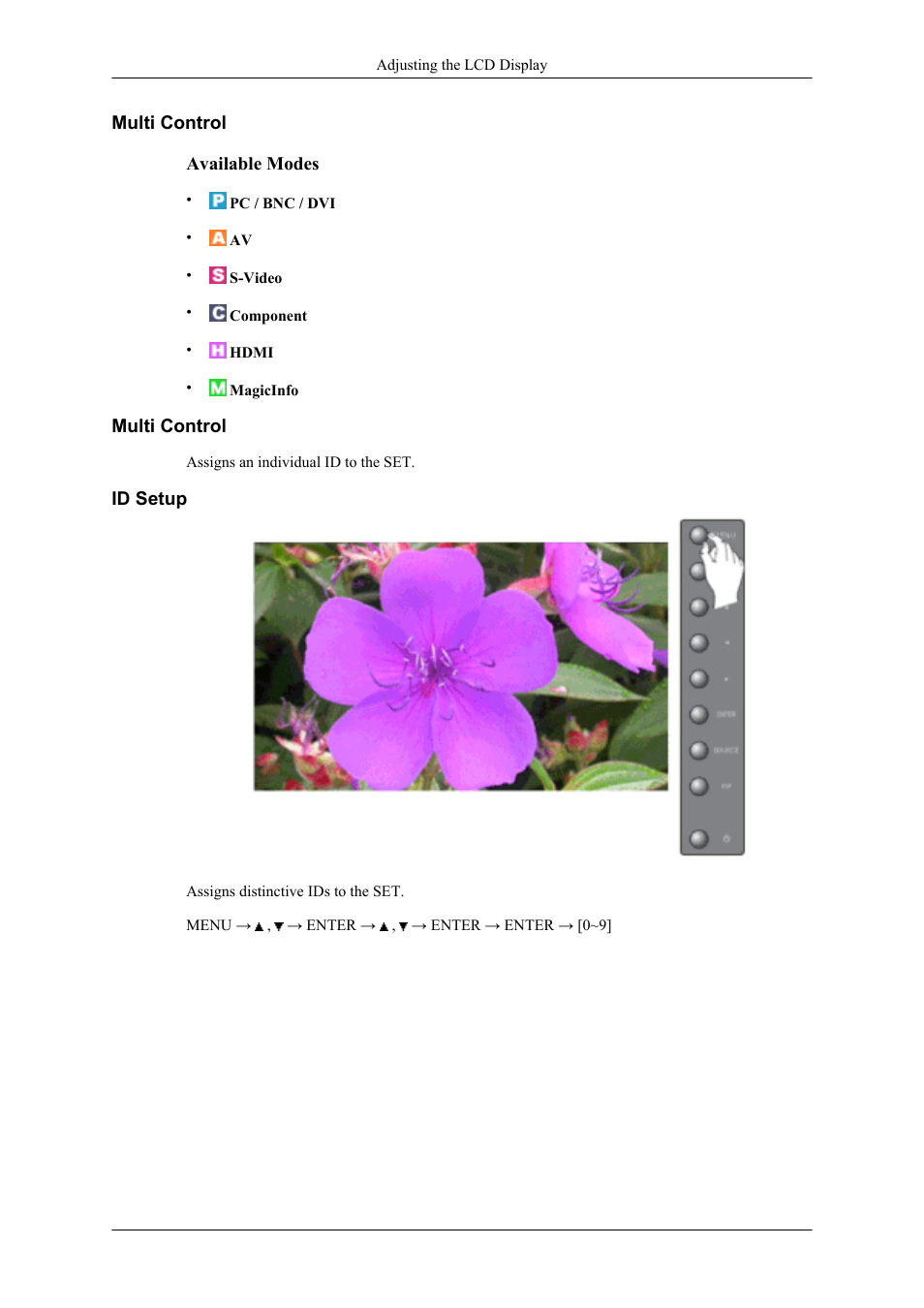 Multi control, Id setup | Samsung 400UXN User Manual | Page 93 / 127