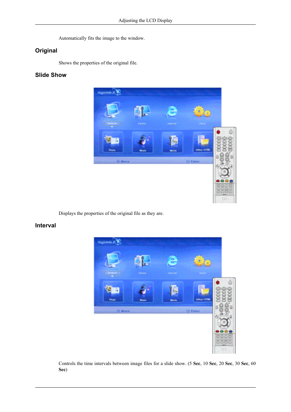 Original, Slide show, Interval | Samsung 400UXN User Manual | Page 96 / 127