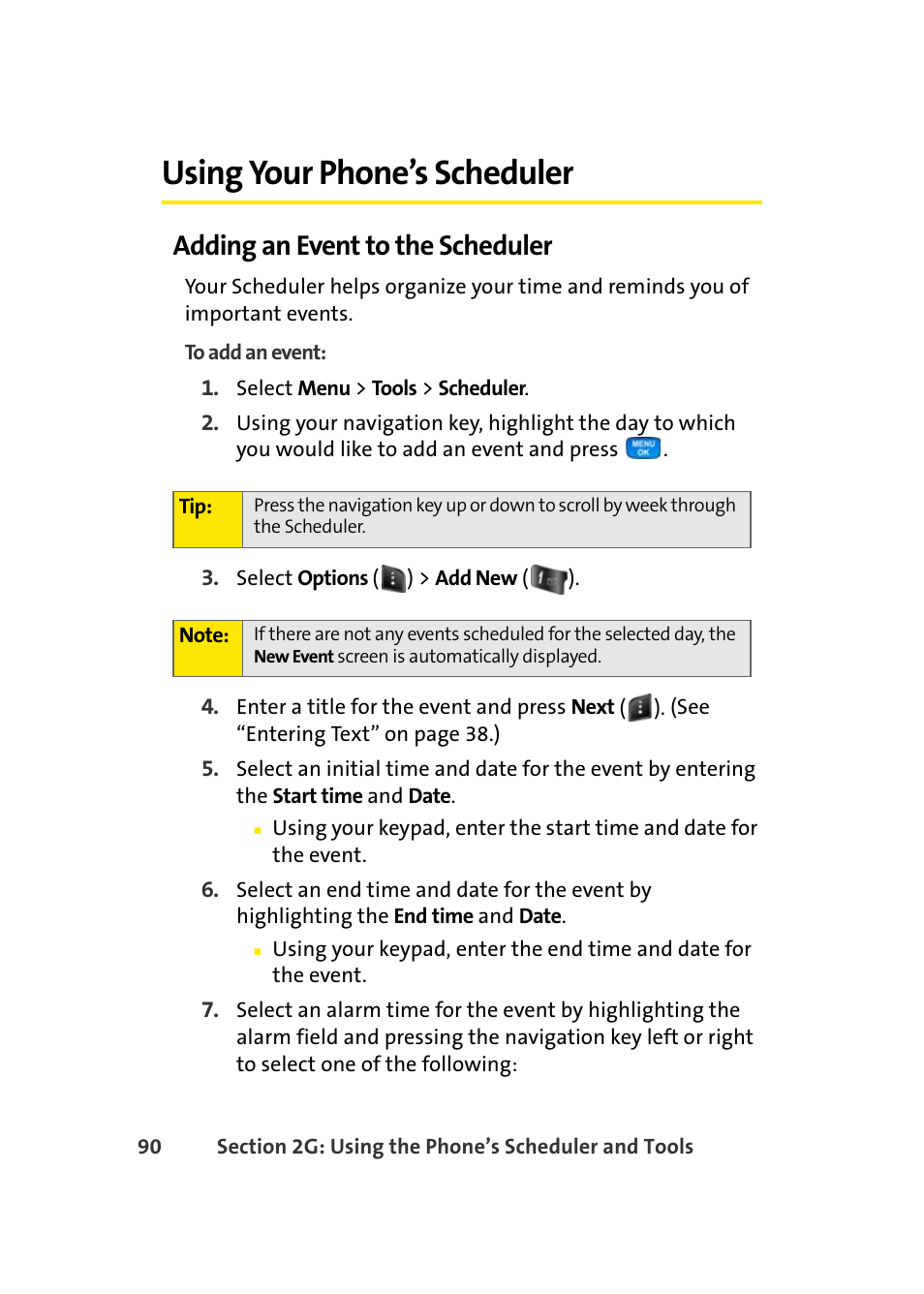 Using your phone’s scheduler, Adding an event to the scheduler | Samsung A420 User Manual | Page 106 / 164