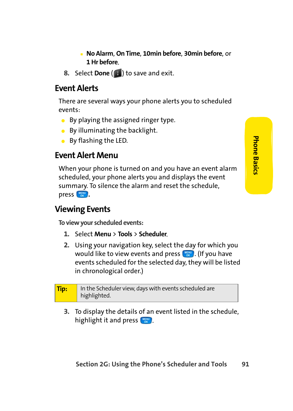 Event alerts, Event alert menu, Viewing events | Samsung A420 User Manual | Page 107 / 164