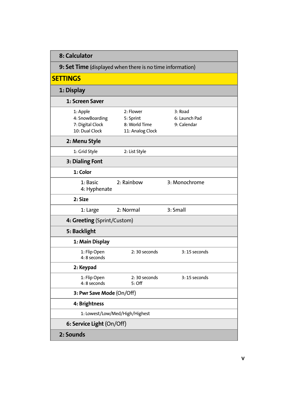 Settings, Calculator 9: set time, Display | Sounds | Samsung A420 User Manual | Page 11 / 164
