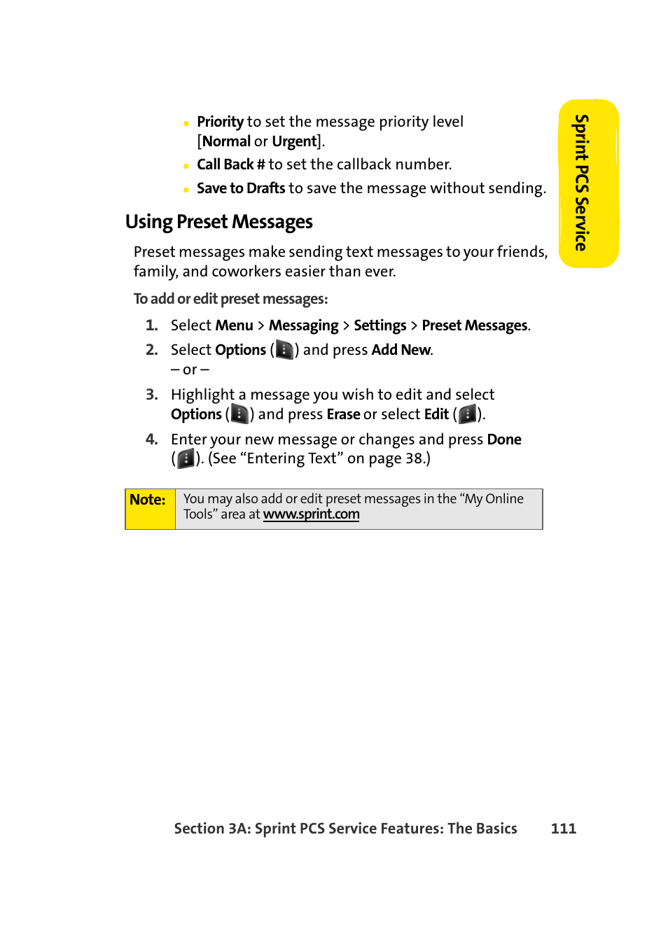 Using preset messages, Sprin t pcs se rv ice | Samsung A420 User Manual | Page 127 / 164