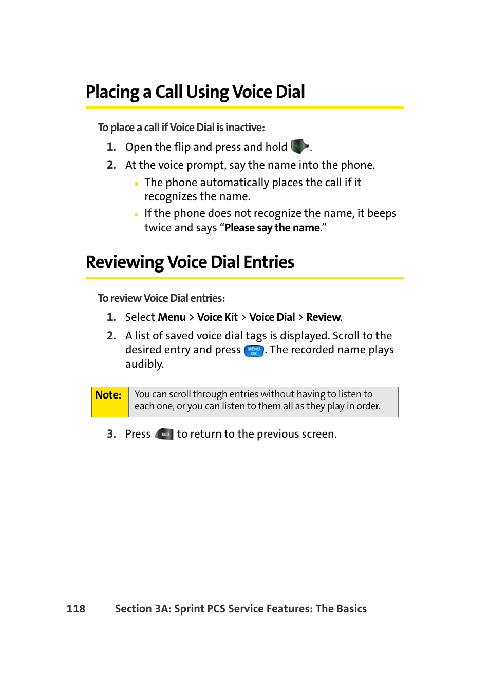 Placing a call using voice dial, Reviewing voice dial entries | Samsung A420 User Manual | Page 134 / 164