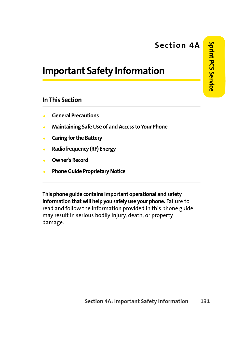 Important safety information, 4a. important safety information, Sprin t pcs se rv ice | Samsung A420 User Manual | Page 147 / 164