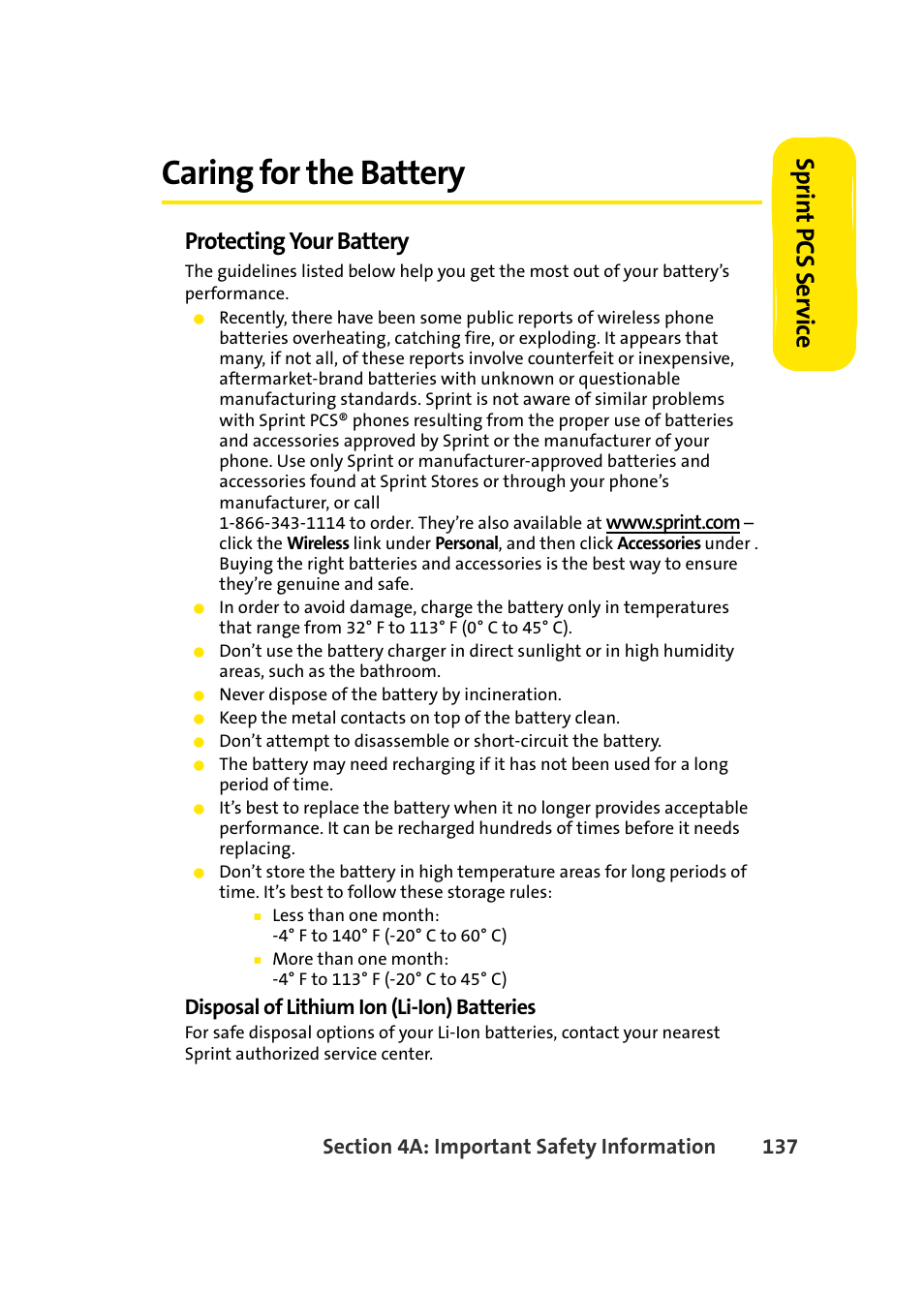 Caring for the battery, Sprin t pcs se rv ice, Protecting your battery | Disposal of lithium ion (li-ion) batteries | Samsung A420 User Manual | Page 153 / 164