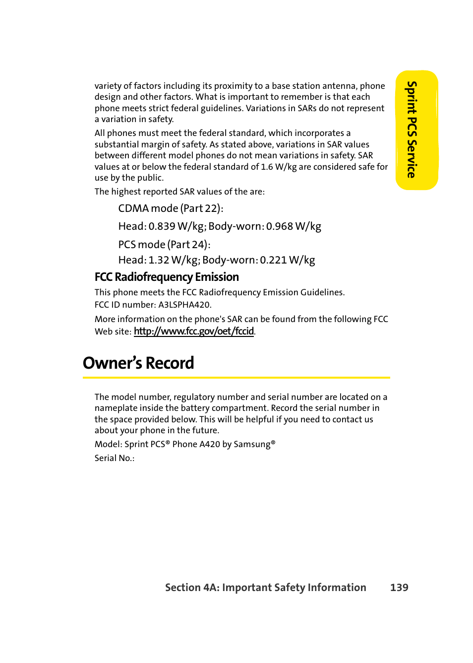 Owner’s record, Sprin t pcs se rv ice | Samsung A420 User Manual | Page 155 / 164