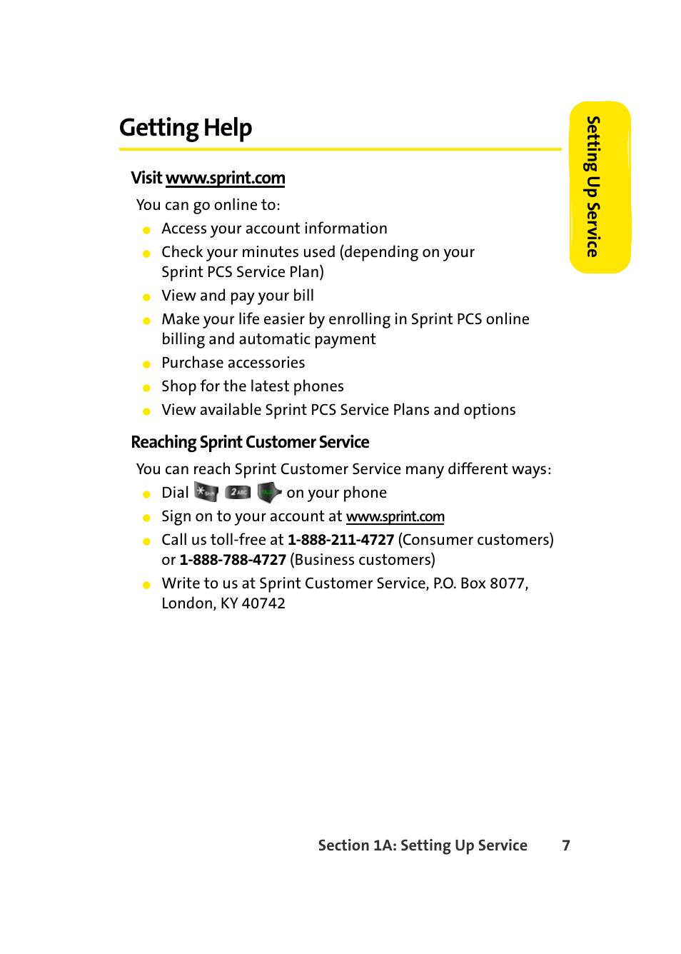 Getting help, Setting u p ser v ice, Reaching sprint customer service | Samsung A420 User Manual | Page 23 / 164