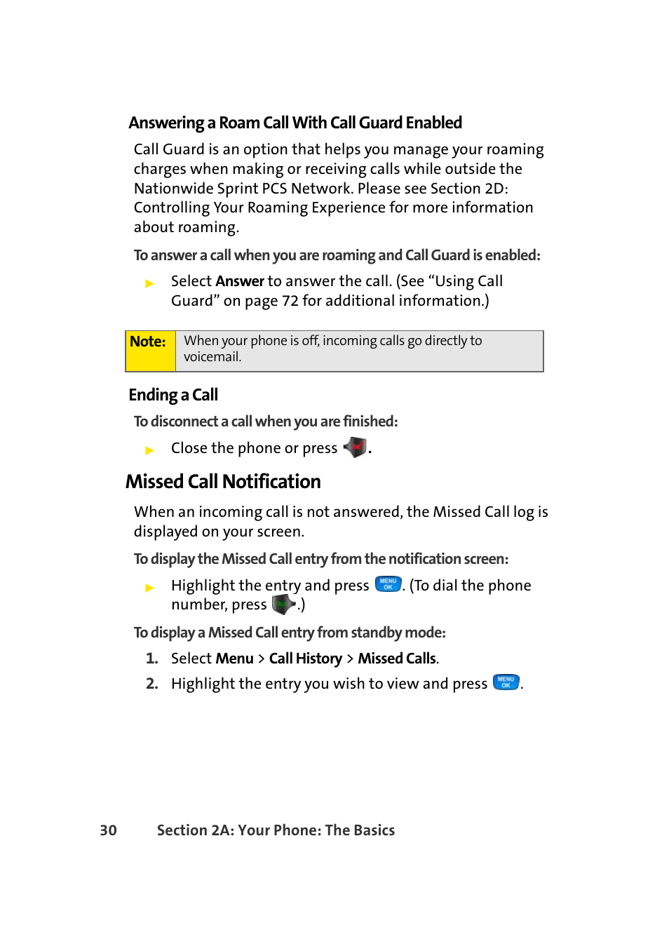 Missed call notification, Answering a roam call with call guard enabled, Ending a call | Samsung A420 User Manual | Page 46 / 164