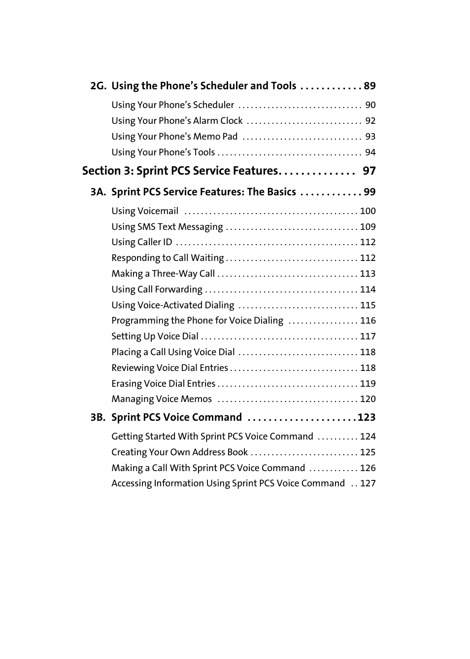 2g. using the phone’s scheduler and tools 89, Section 3: sprint pcs service features 97, 3a. sprint pcs service features: the basics 99 | 3b. sprint pcs voice command 123 | Samsung A420 User Manual | Page 5 / 164