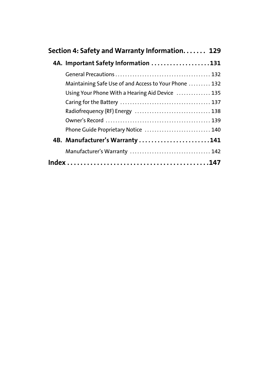 Section 4: safety and warranty information 129, 4a. important safety information 131, 4b. manufacturer’s warranty 141 | Index | Samsung A420 User Manual | Page 6 / 164