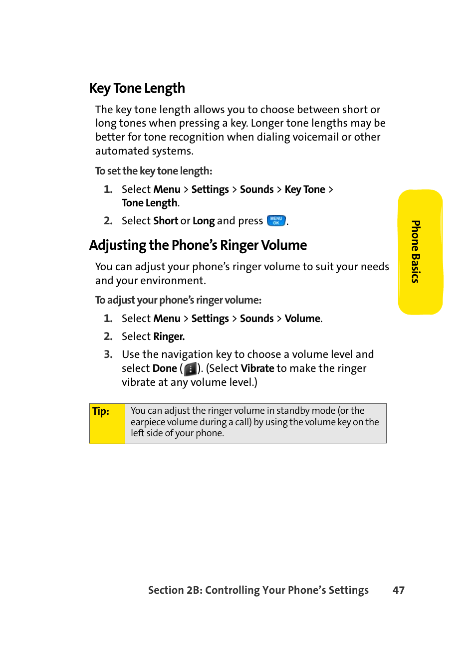 Key tone length, Adjusting the phone’s ringer volume | Samsung A420 User Manual | Page 63 / 164