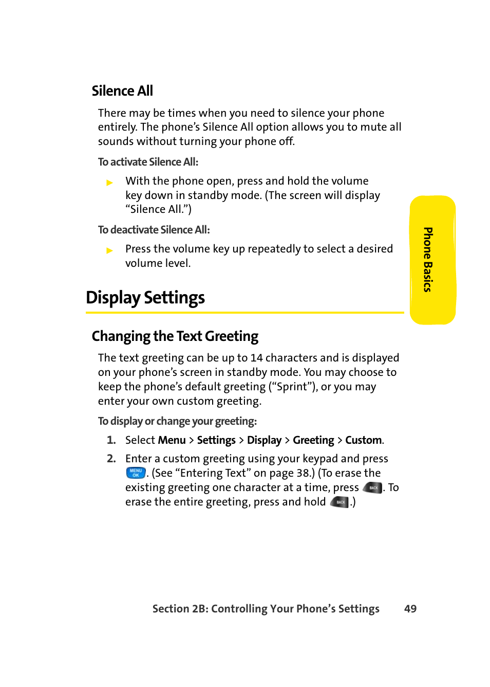 Silence all, Display settings, Changing the text greeting | Samsung A420 User Manual | Page 65 / 164