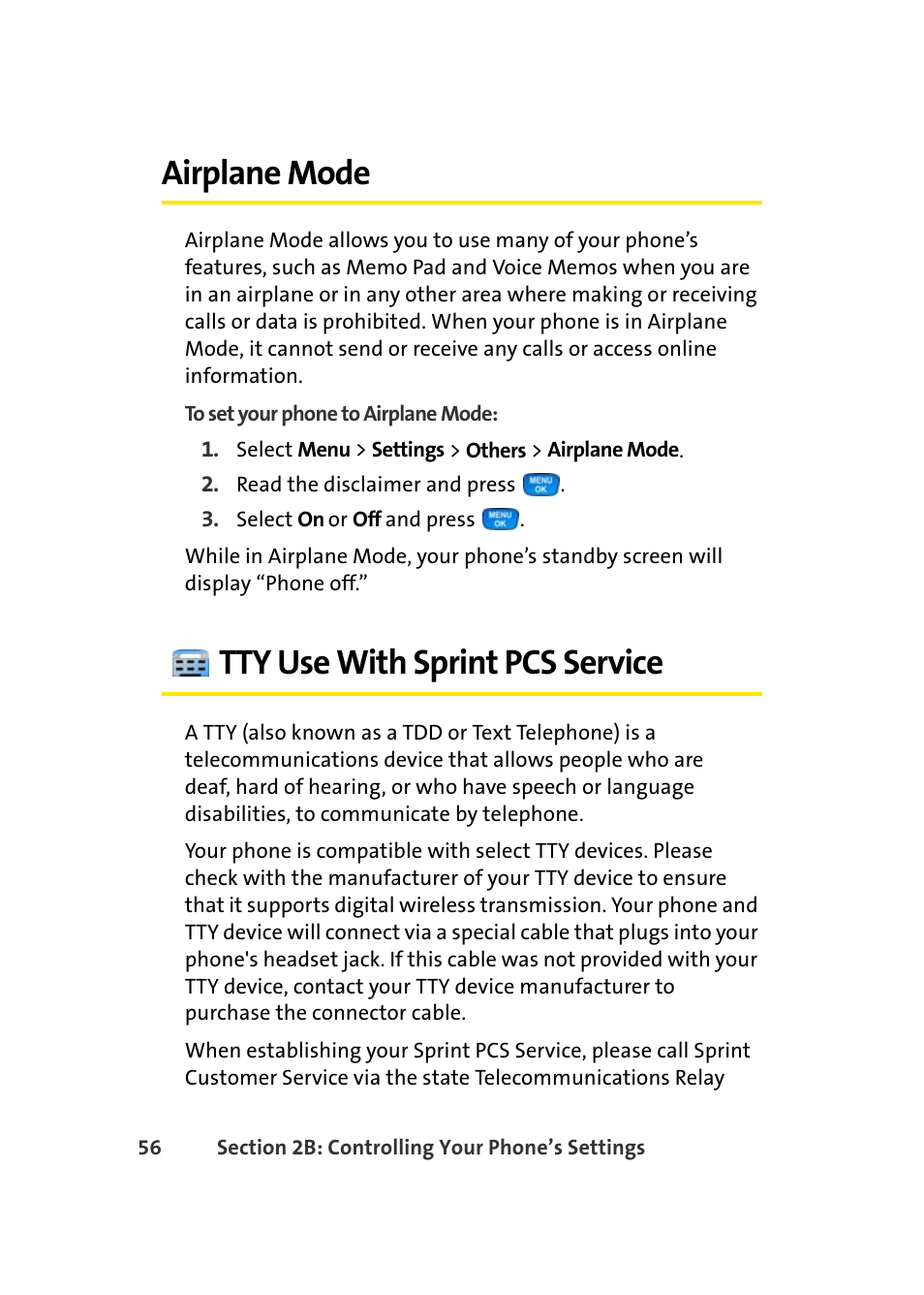 Airplane mode, Tty use with sprint pcs service | Samsung A420 User Manual | Page 72 / 164