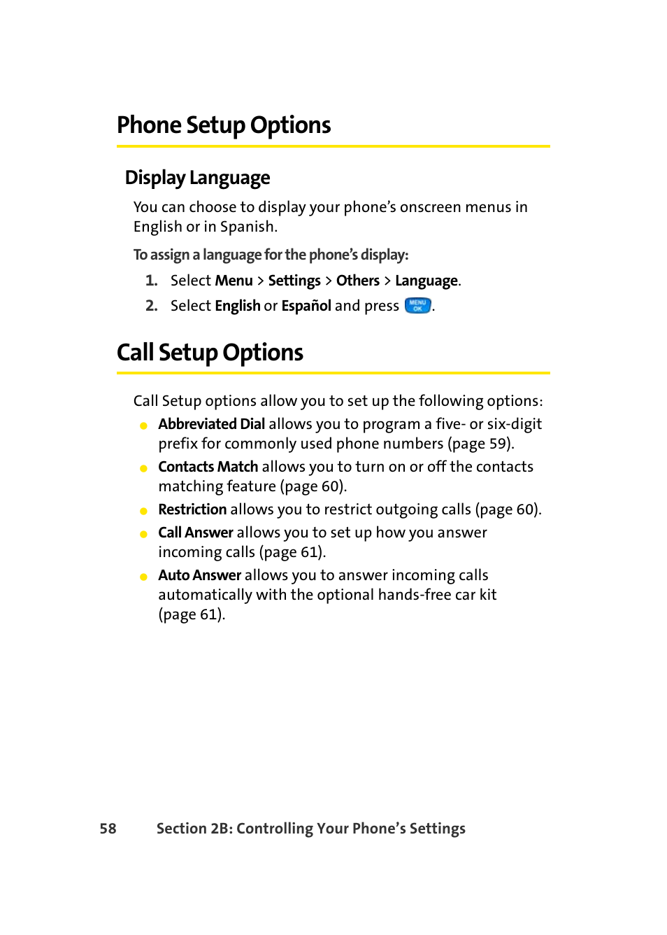 Phone setup options, Display language, Call setup options | Samsung A420 User Manual | Page 74 / 164