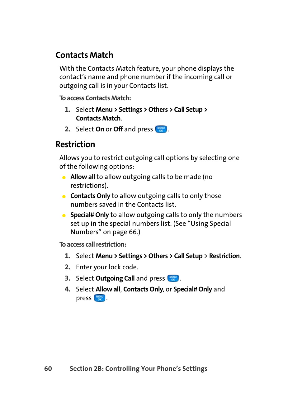 Contacts match, Restriction | Samsung A420 User Manual | Page 76 / 164