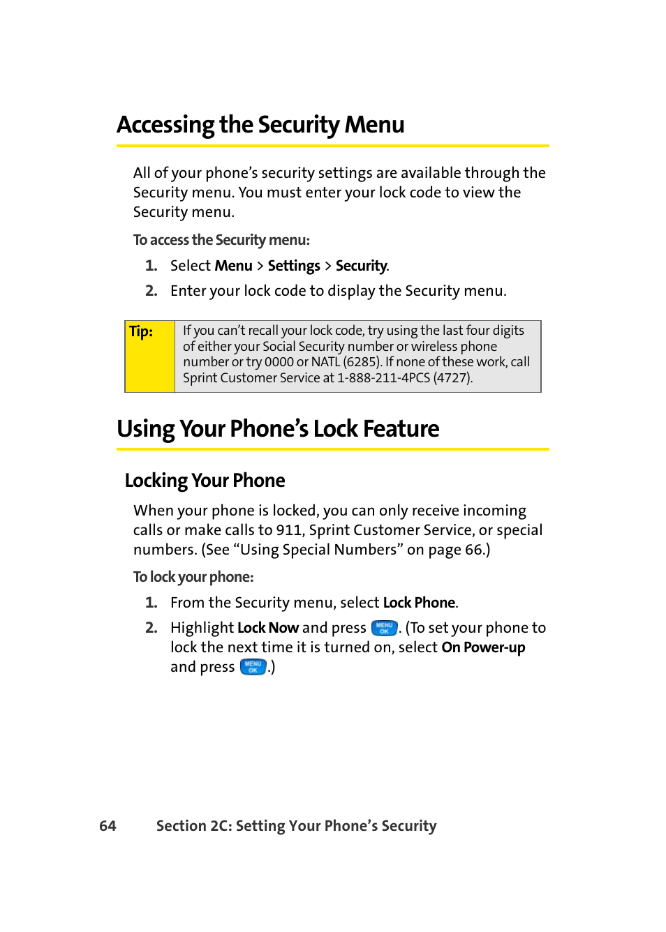 Accessing the security menu, Using your phone’s lock feature, Locking your phone | Samsung A420 User Manual | Page 80 / 164