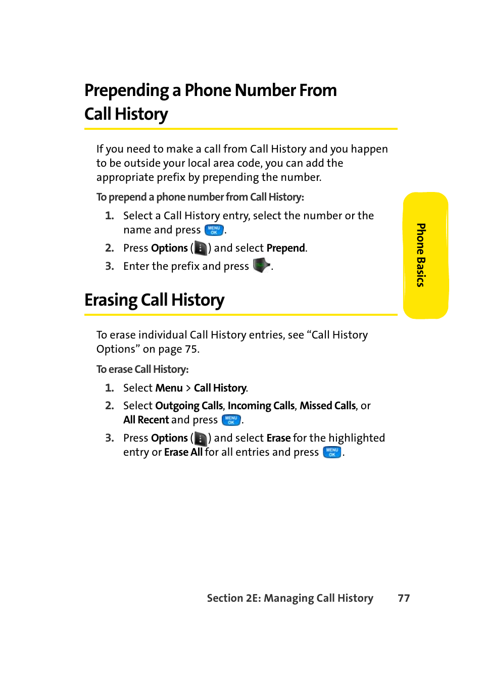 Prepending a phone number from call history, Erasing call history | Samsung A420 User Manual | Page 93 / 164