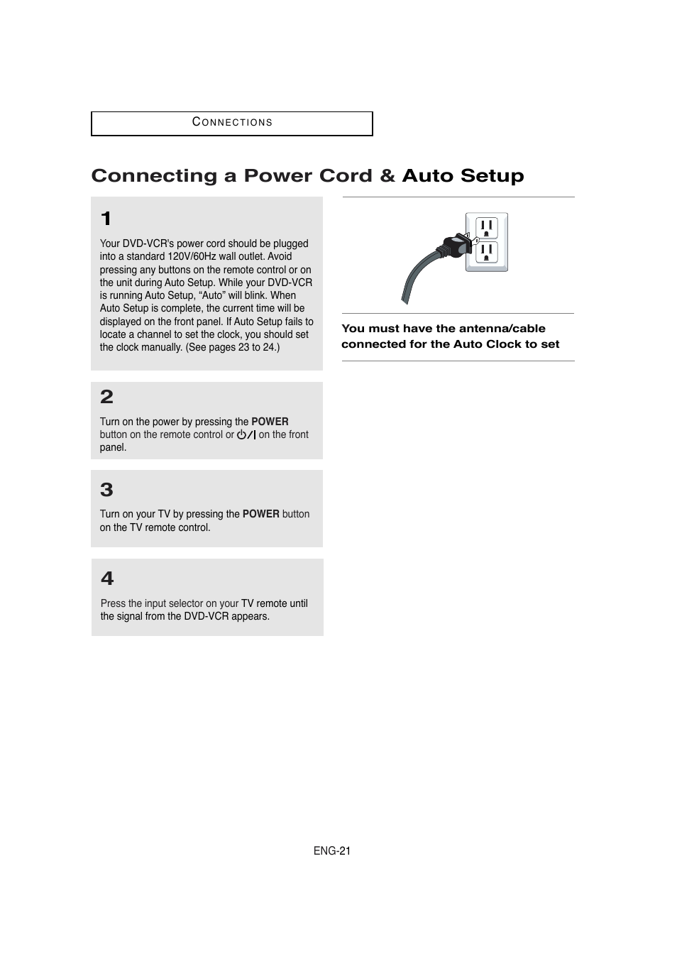 Connecting a power cord & auto setup | Samsung DVD-V5650 User Manual | Page 21 / 92