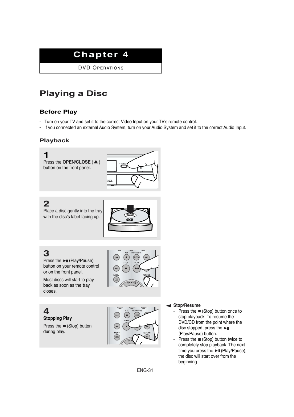 Chapter 4, Playing a disc | Samsung DVD-V5650 User Manual | Page 31 / 92