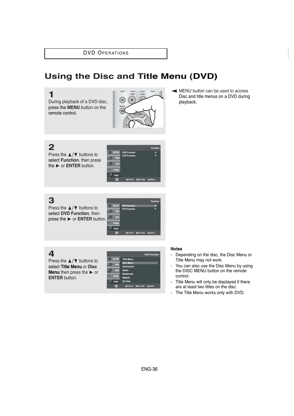 Using the disc and title menu (dvd), Using the disc and t itle menu (dvd) | Samsung DVD-V5650 User Manual | Page 36 / 92