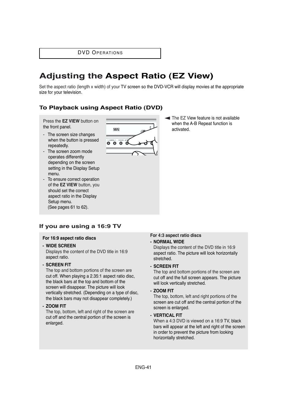 Adjusting the aspect ratio (ez view) | Samsung DVD-V5650 User Manual | Page 41 / 92