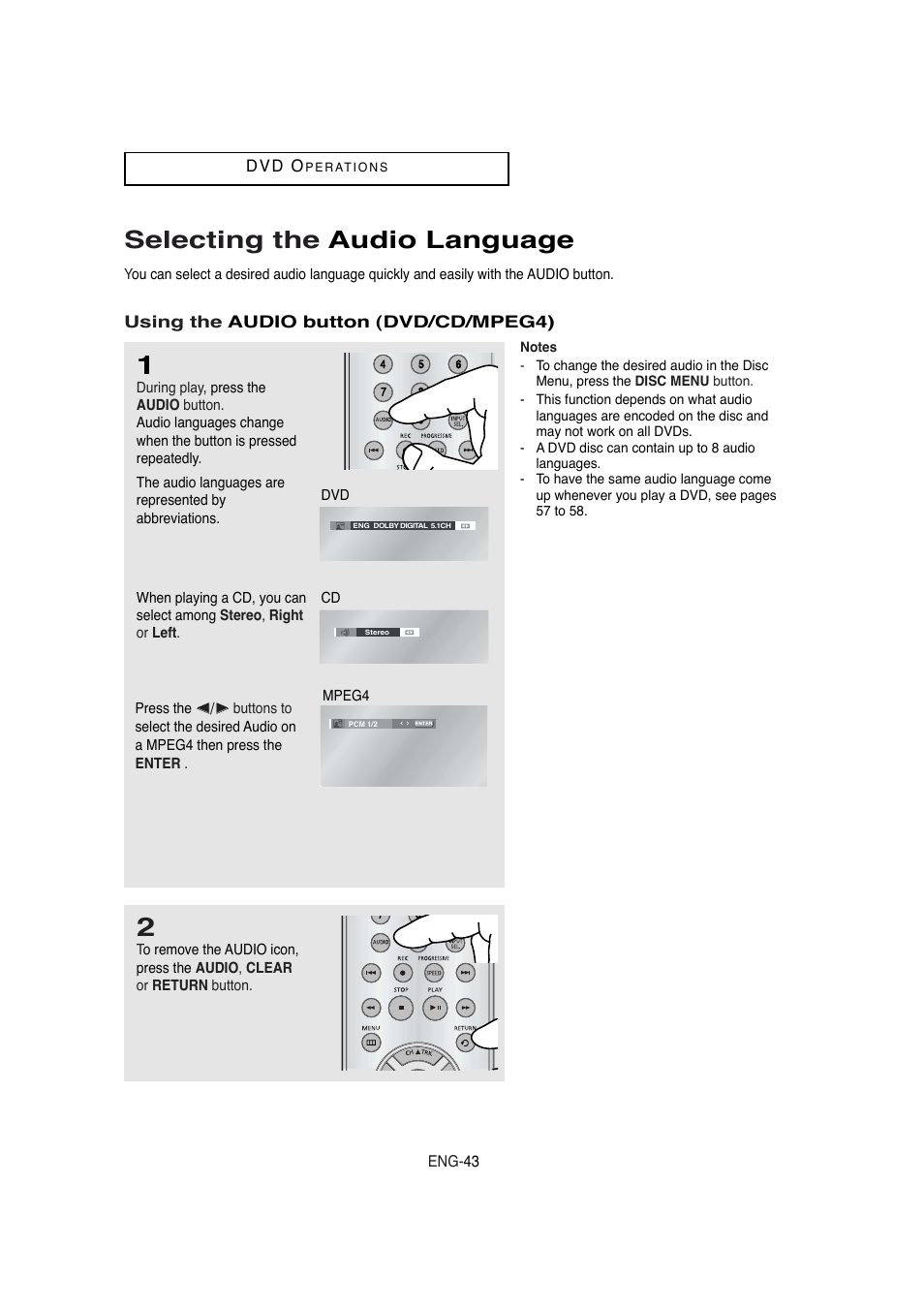 Selecting the audio language | Samsung DVD-V5650 User Manual | Page 43 / 92