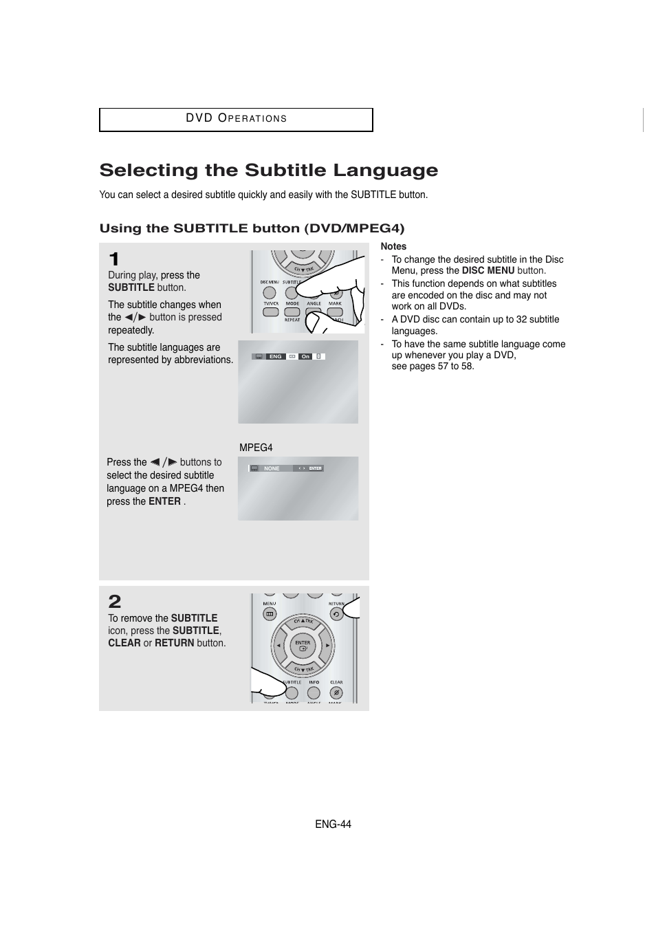 Selecting the subtitle language | Samsung DVD-V5650 User Manual | Page 44 / 92