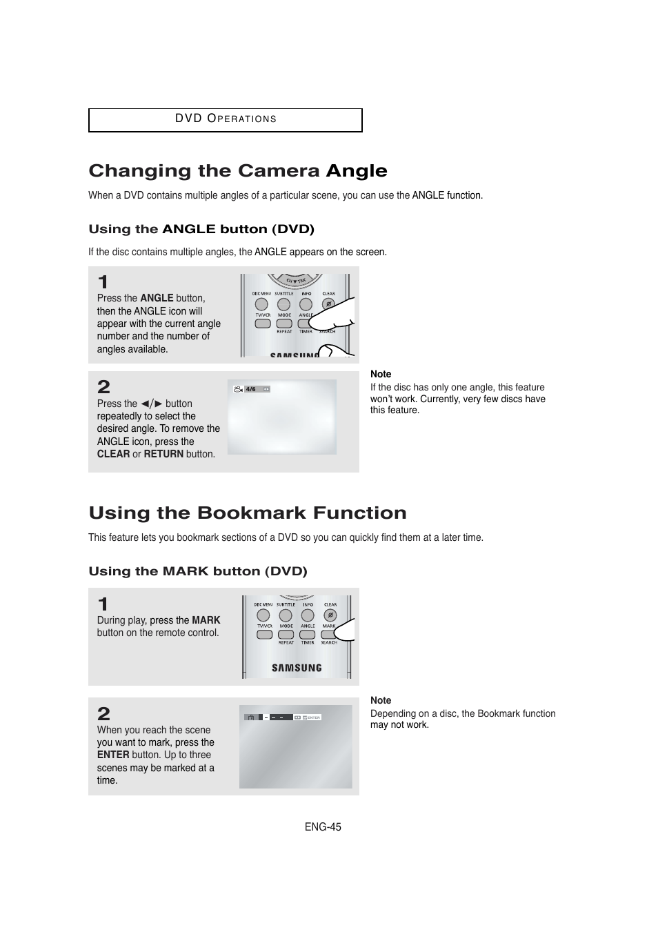 Changing the camera angle, Using the bookmark function | Samsung DVD-V5650 User Manual | Page 45 / 92