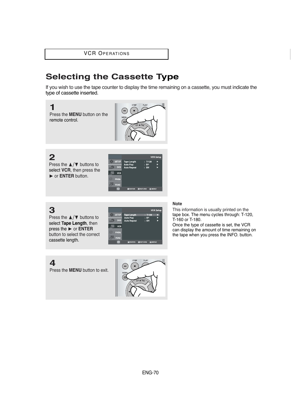 Selecting the cassette type, Selecting the cassette t ype | Samsung DVD-V5650 User Manual | Page 70 / 92