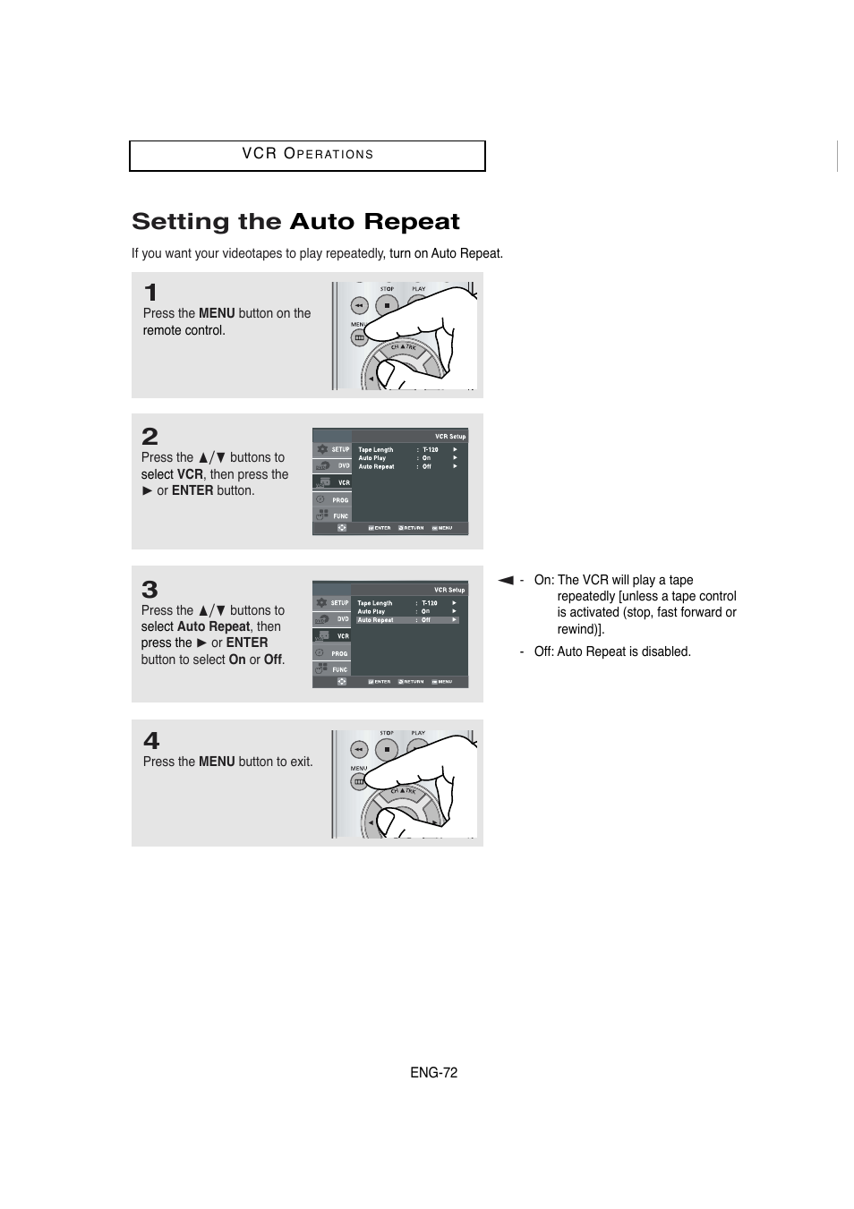 Setting the auto repeat | Samsung DVD-V5650 User Manual | Page 72 / 92