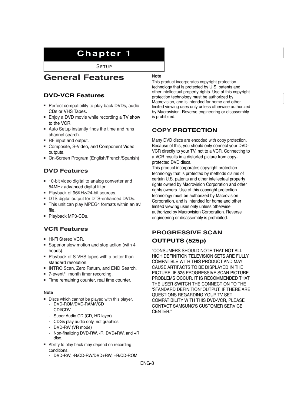 Chapter 1, General features, Dvd-vcr features | Dvd features, Vcr features, Copy protection, Progressive scan outputs (525p) | Samsung DVD-V5650 User Manual | Page 8 / 92