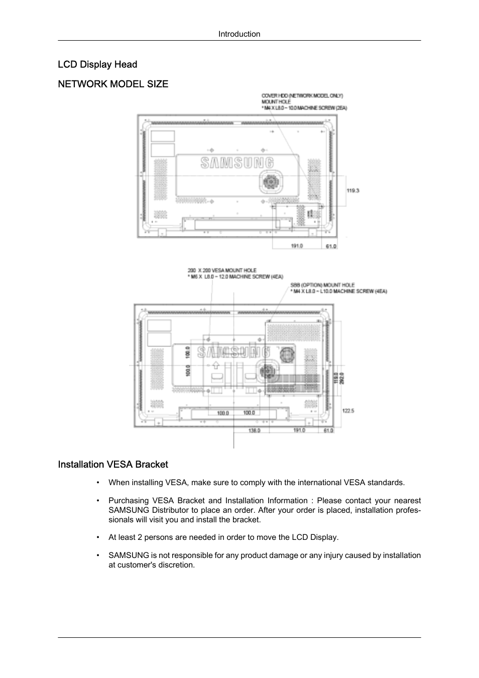 Lcd display head, Network model size, Installation vesa bracket | Samsung SyncMaster 320MXn-2 User Manual | Page 20 / 111