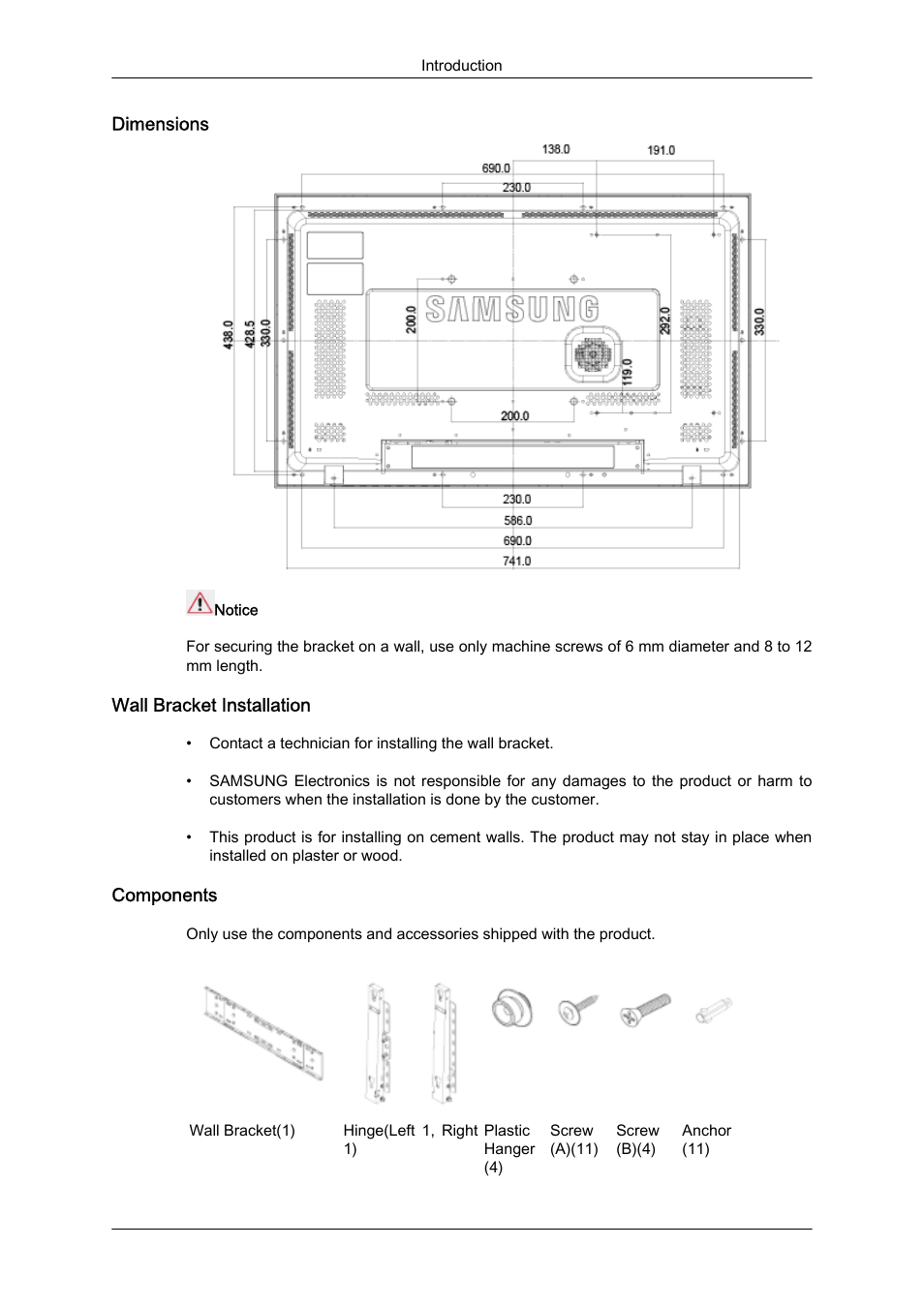 Dimensions, Wall bracket installation, Components | Samsung SyncMaster 320MXn-2 User Manual | Page 21 / 111