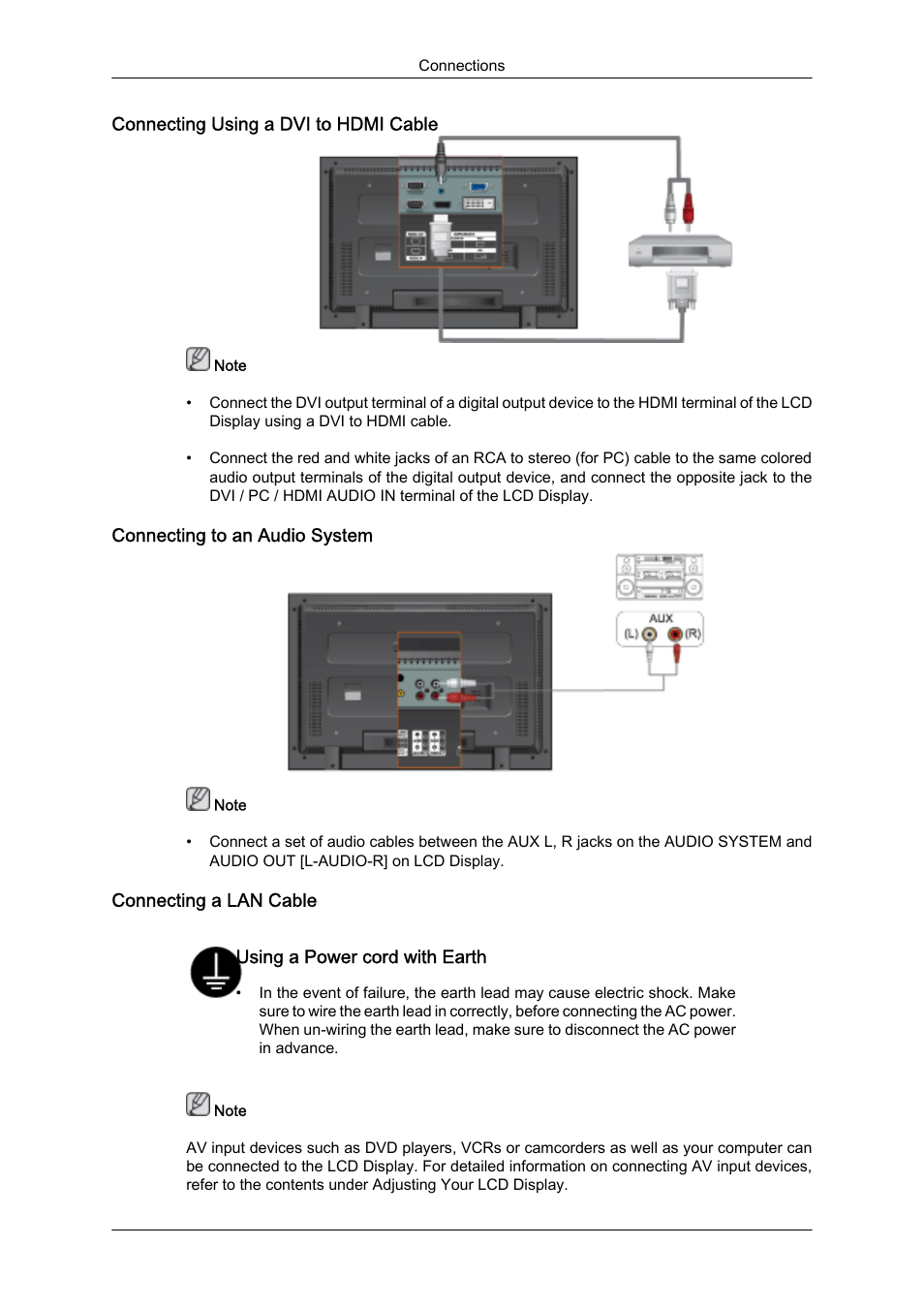 Connecting using a dvi to hdmi cable, Connecting to an audio system, Connecting a lan cable | Samsung SyncMaster 320MXn-2 User Manual | Page 29 / 111