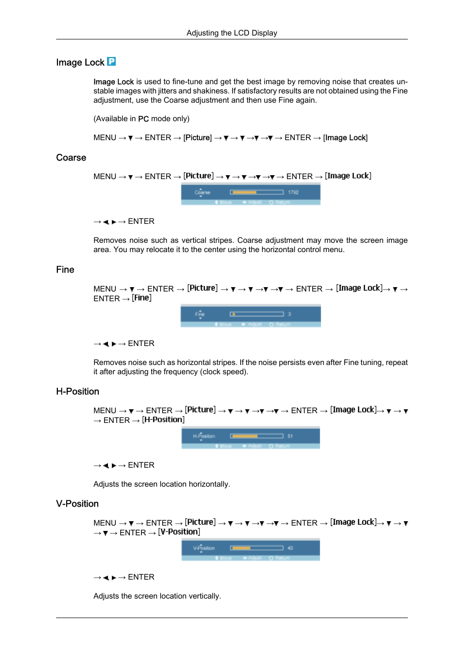 Image lock, Coarse, Fine | H-position, V-position | Samsung SyncMaster 320MXn-2 User Manual | Page 64 / 111
