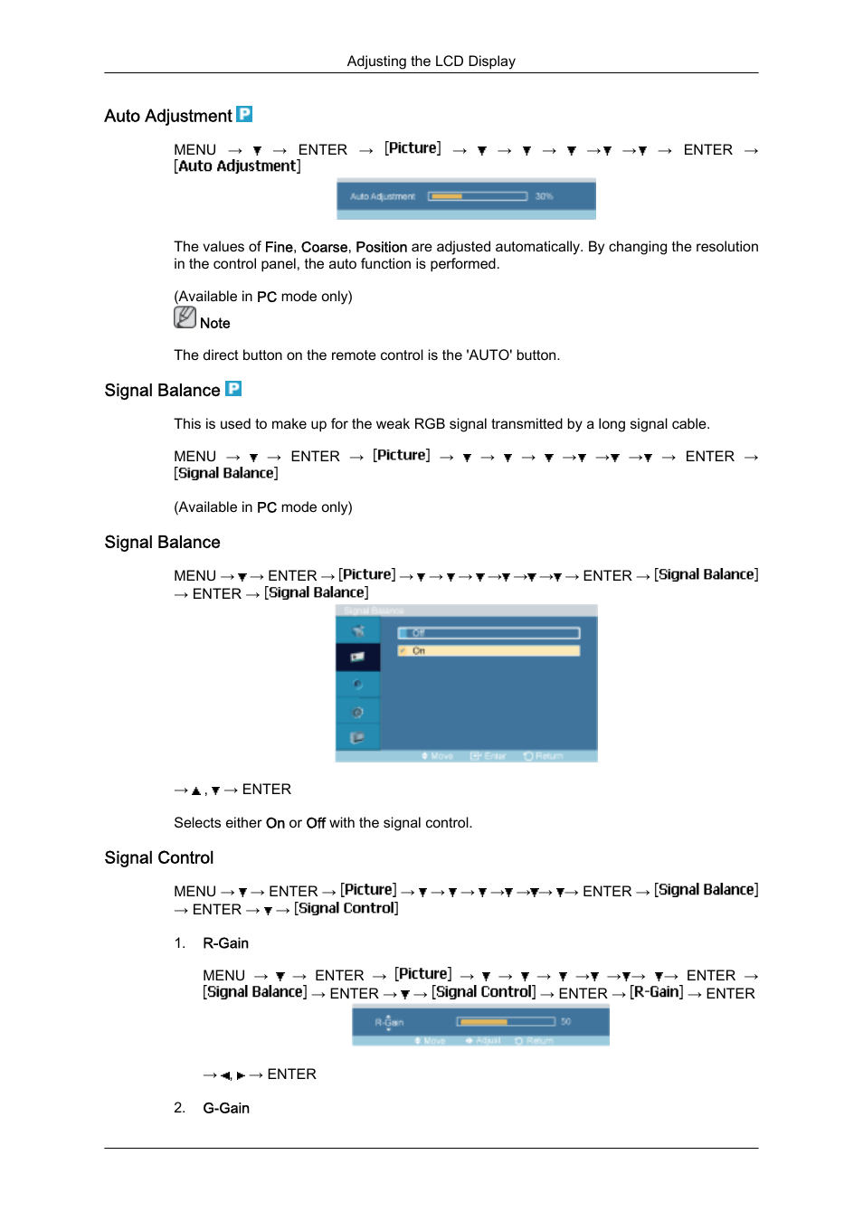 Auto adjustment, Signal balance, Signal control | Samsung SyncMaster 320MXn-2 User Manual | Page 65 / 111