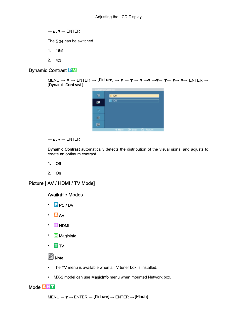 Dynamic contrast, Picture [ av / hdmi / tv mode, Mode | Samsung SyncMaster 320MXn-2 User Manual | Page 67 / 111