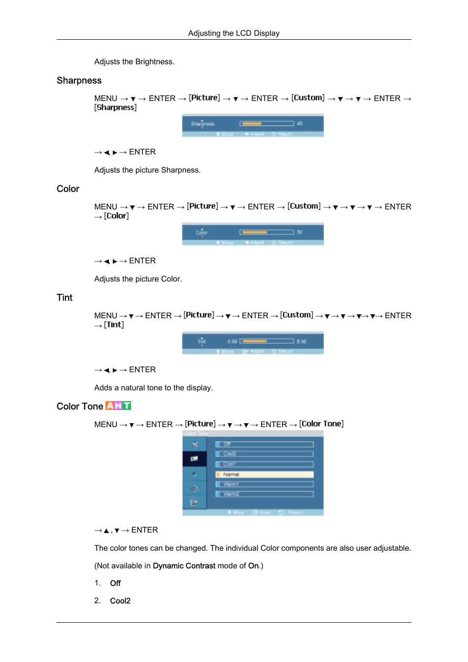 Sharpness, Color, Tint | Color tone | Samsung SyncMaster 320MXn-2 User Manual | Page 69 / 111