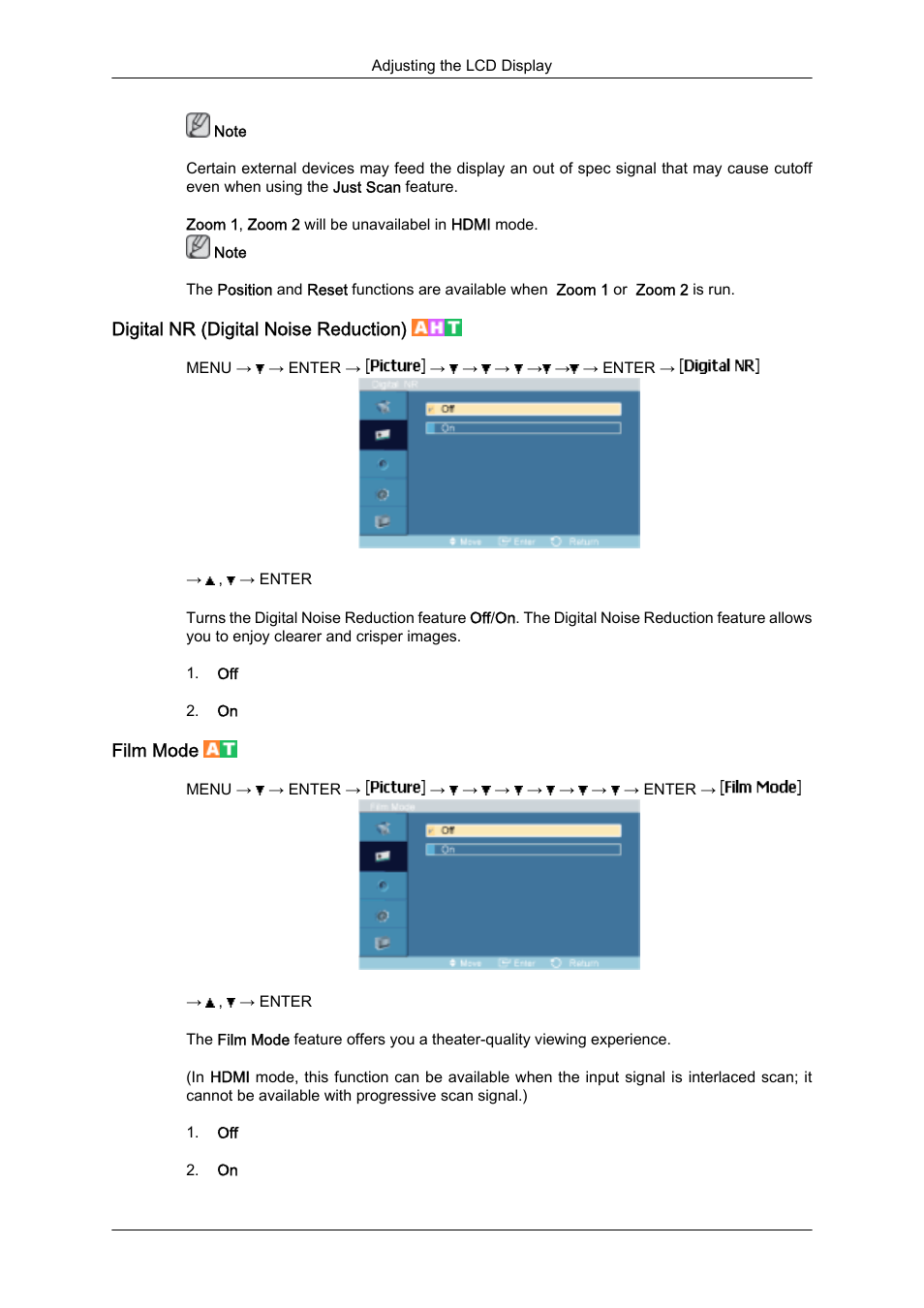 Digital nr (digital noise reduction), Film mode | Samsung SyncMaster 320MXn-2 User Manual | Page 71 / 111