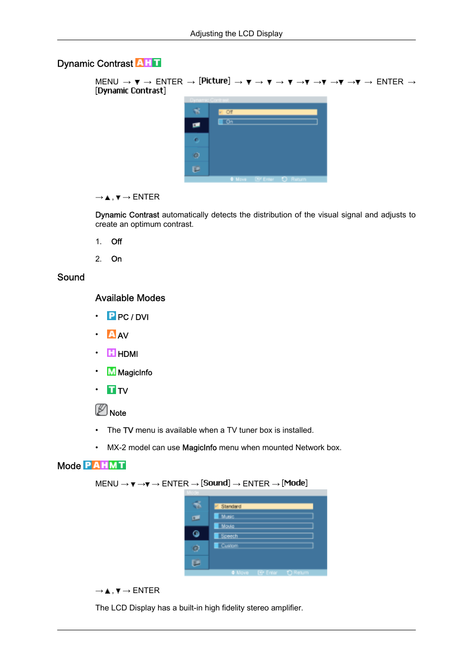 Dynamic contrast, Sound, Mode | Samsung SyncMaster 320MXn-2 User Manual | Page 72 / 111