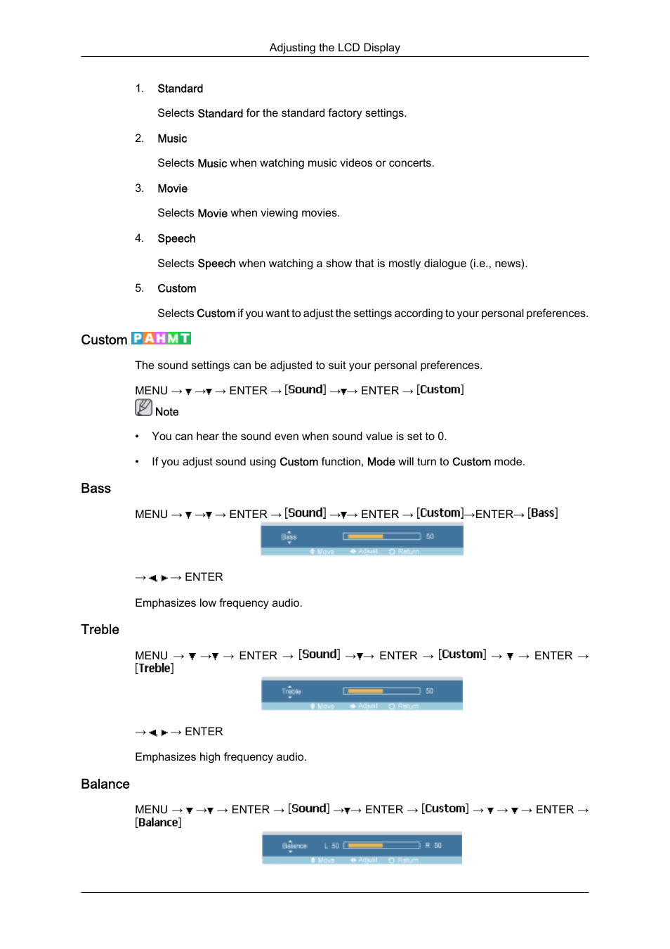 Custom, Bass, Treble | Balance | Samsung SyncMaster 320MXn-2 User Manual | Page 73 / 111