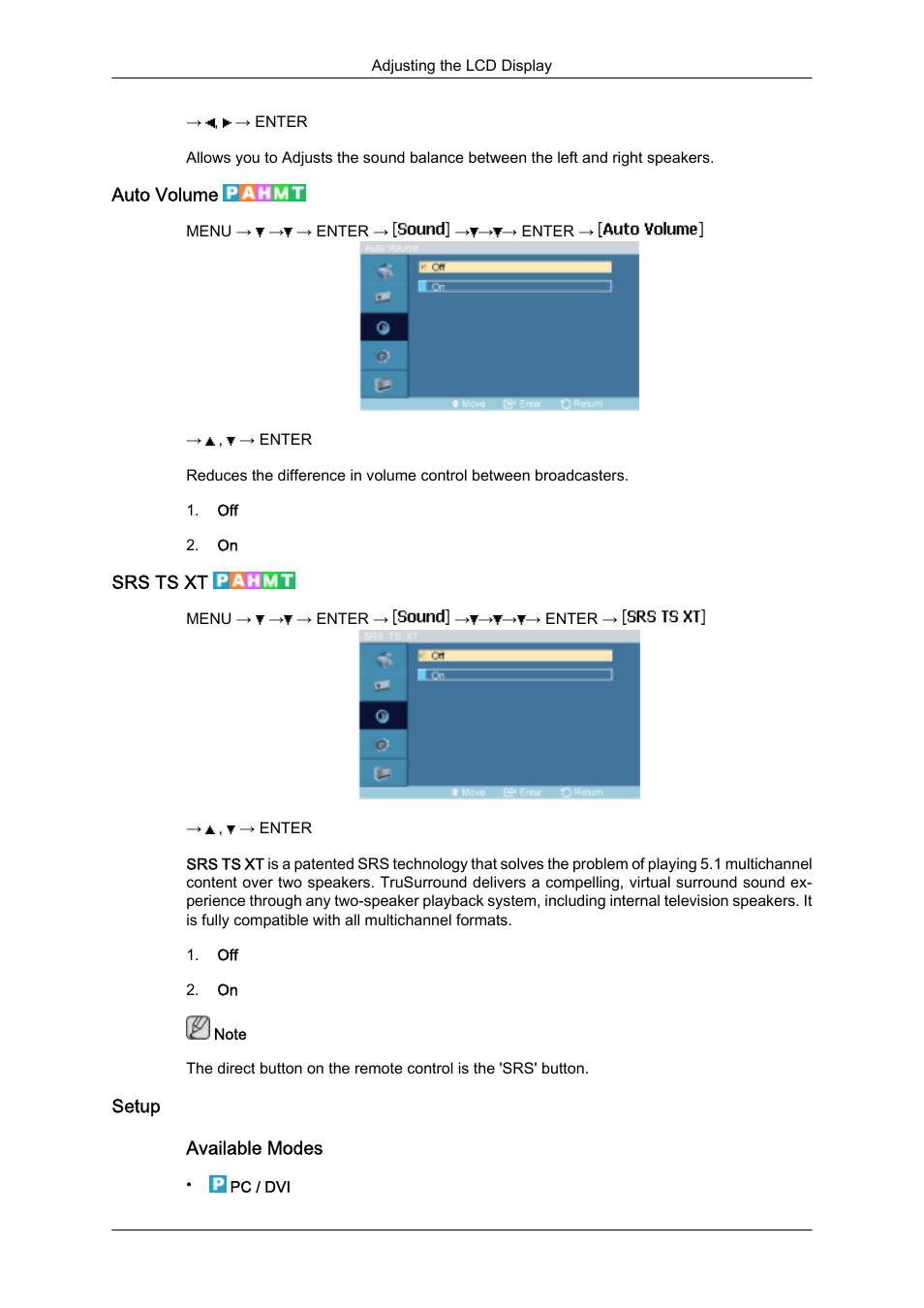 Auto volume, Srs ts xt, Setup | Samsung SyncMaster 320MXn-2 User Manual | Page 74 / 111