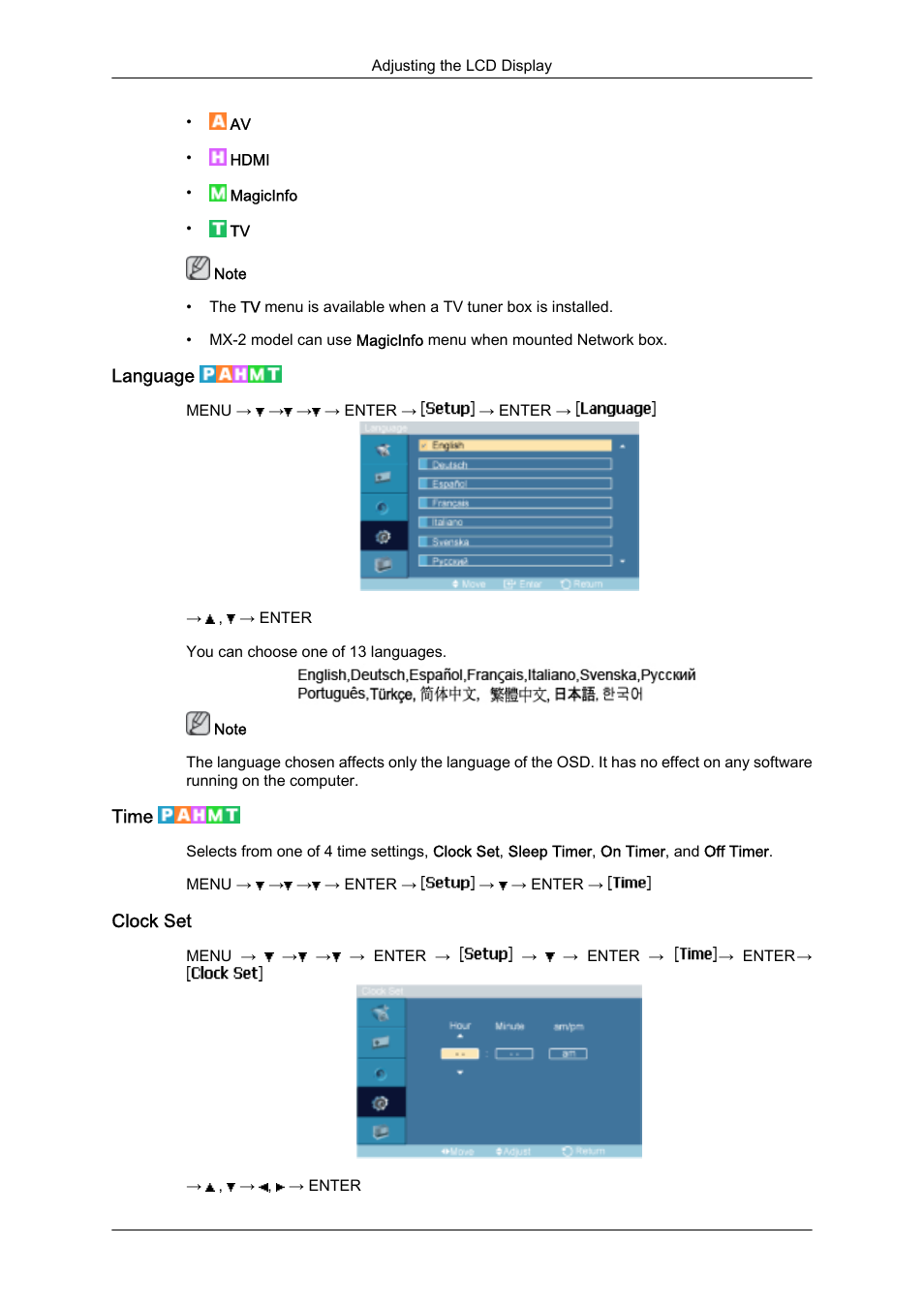 Language, Time, Clock set | Samsung SyncMaster 320MXn-2 User Manual | Page 75 / 111