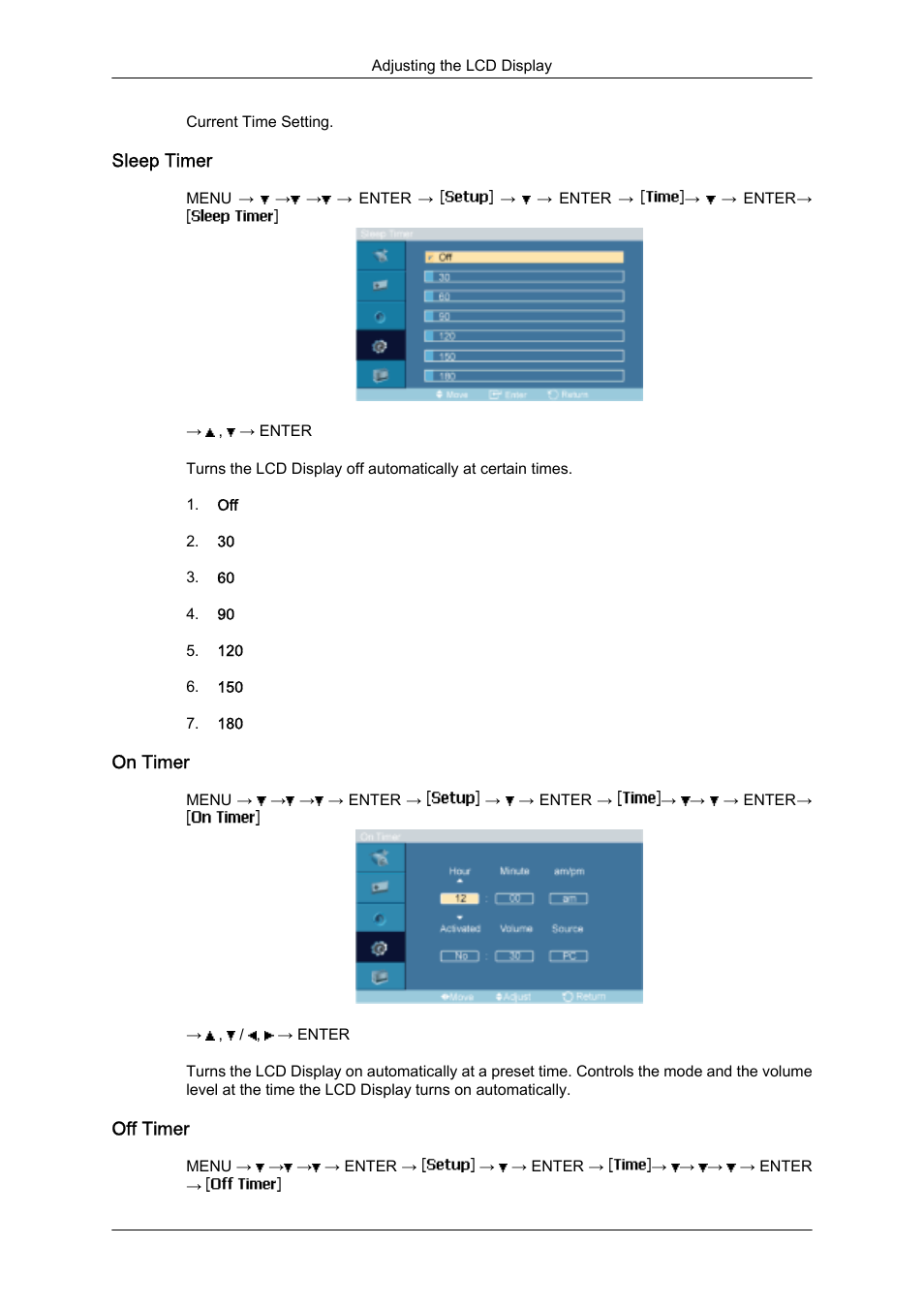 Sleep timer, On timer, Off timer | Samsung SyncMaster 320MXn-2 User Manual | Page 76 / 111