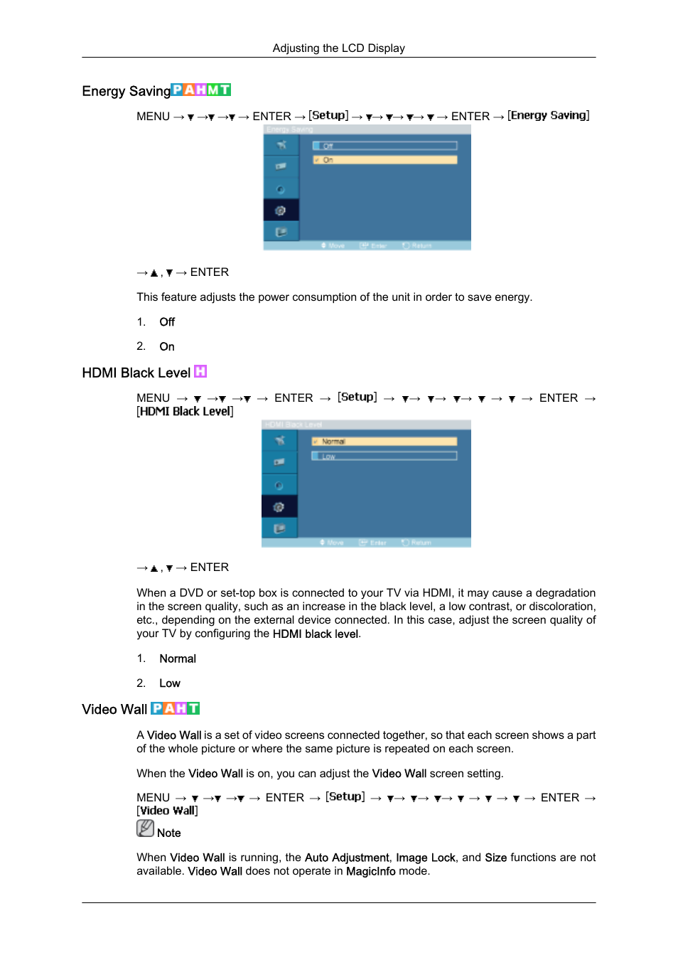 Energy saving, Hdmi black level, Video wall | Samsung SyncMaster 320MXn-2 User Manual | Page 78 / 111