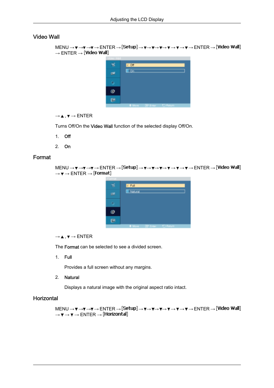 Video wall, Format, Horizontal | Samsung SyncMaster 320MXn-2 User Manual | Page 79 / 111