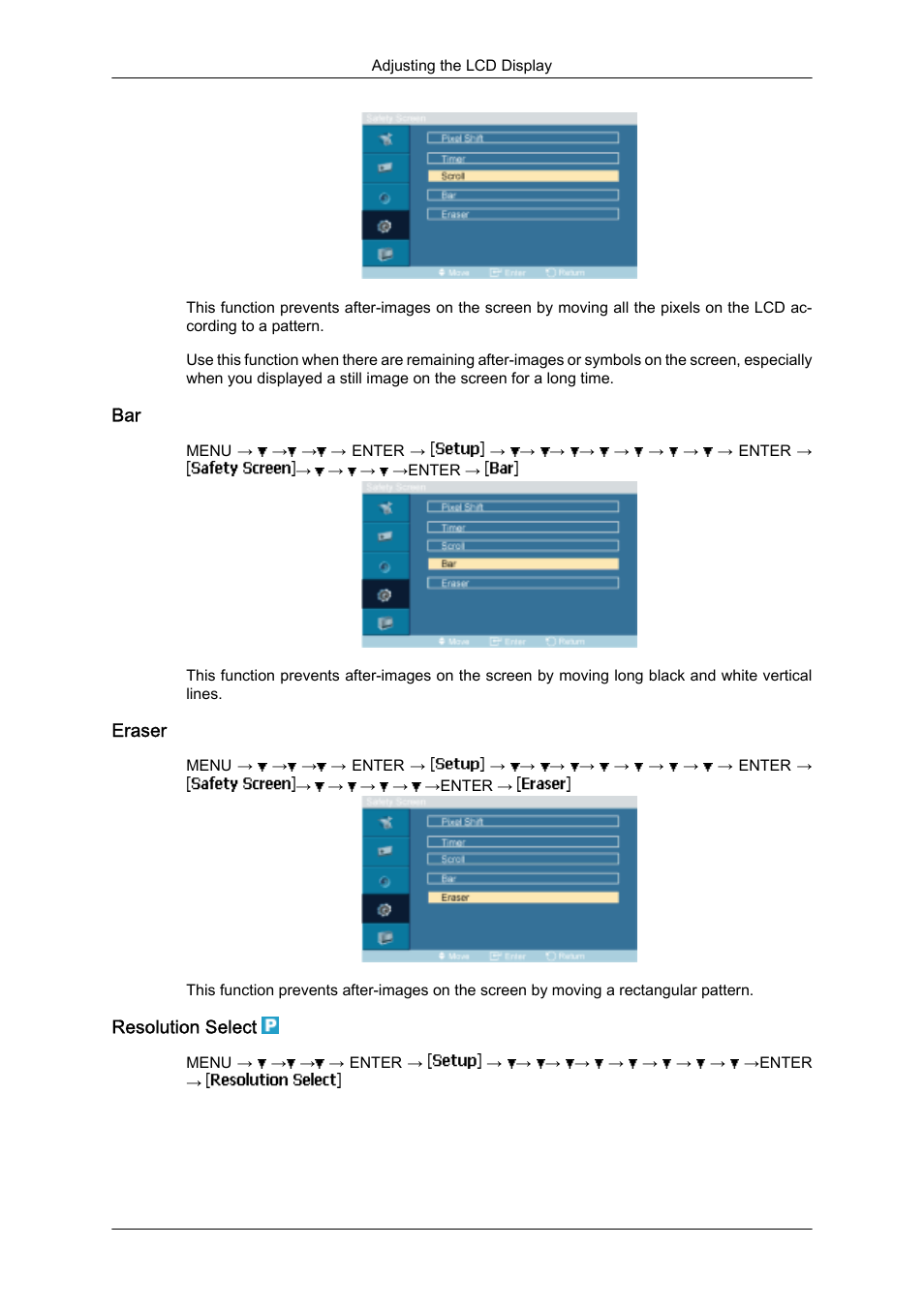 Eraser, Resolution select | Samsung SyncMaster 320MXn-2 User Manual | Page 84 / 111