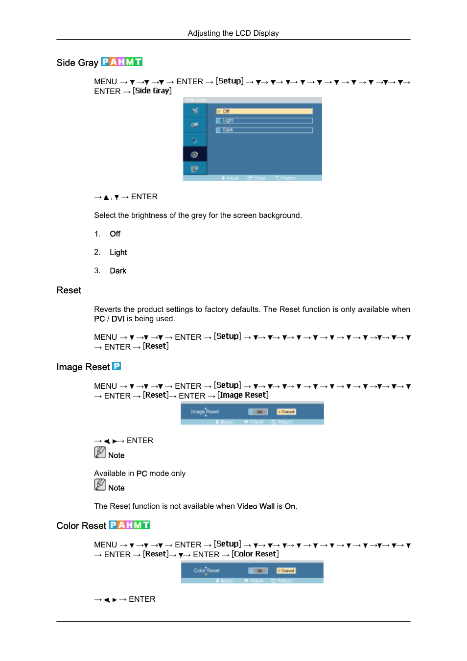 Side gray, Reset, Image reset | Color reset | Samsung SyncMaster 320MXn-2 User Manual | Page 86 / 111
