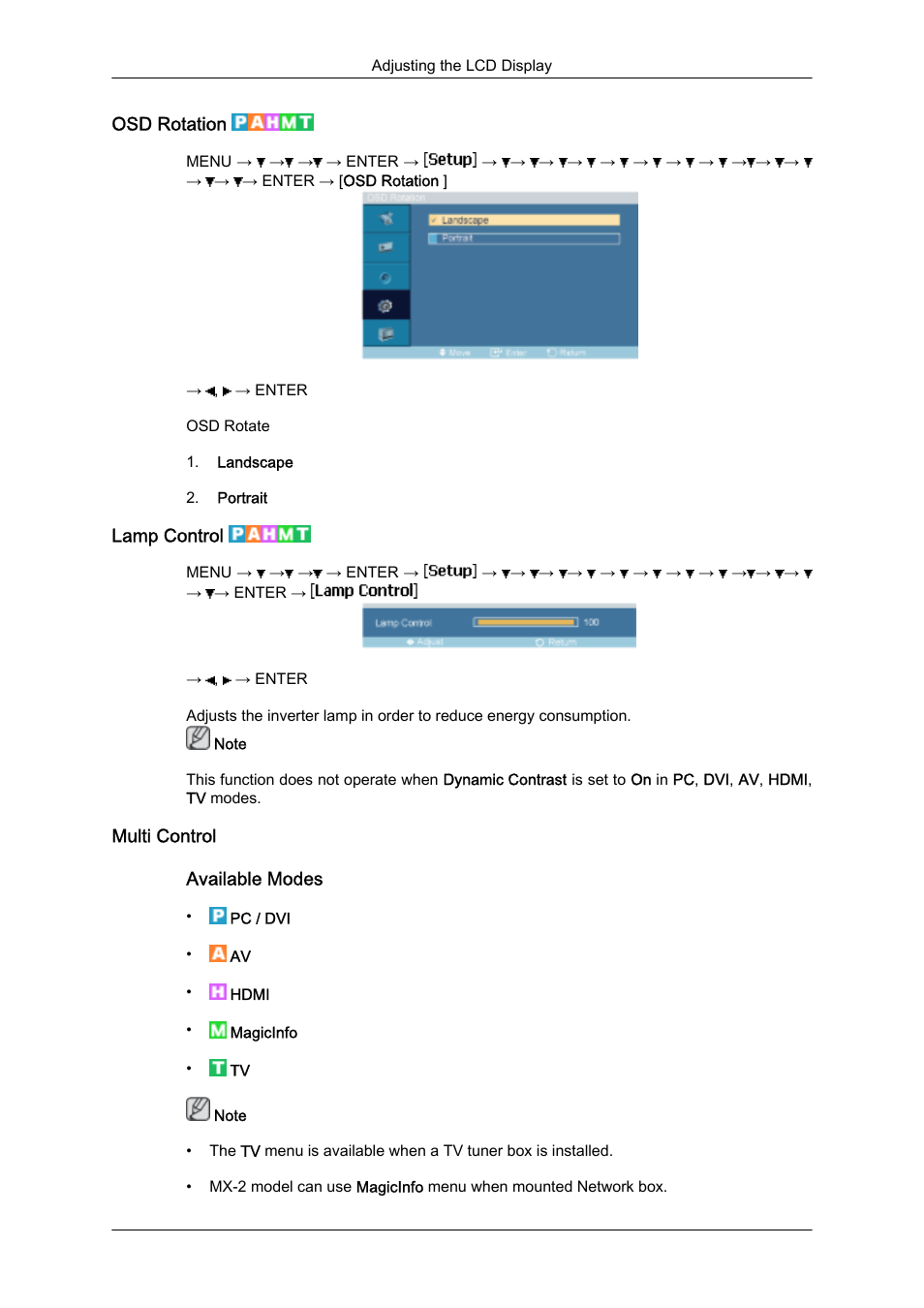 Osd rotation, Lamp control, Multi control | Samsung SyncMaster 320MXn-2 User Manual | Page 87 / 111